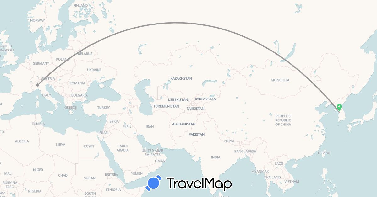 TravelMap itinerary: driving, bus, plane in Italy, South Korea (Asia, Europe)